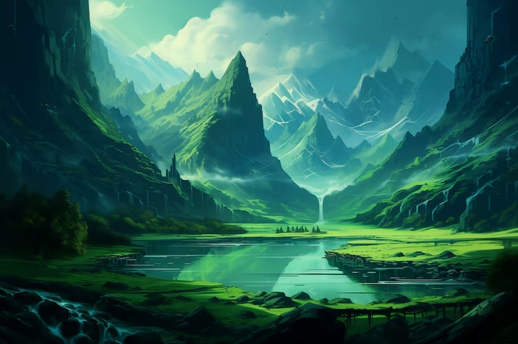 Hình nền máy tính game phong cảnh đồi núi hùng vĩ theo phong cách anime Nhật Bản