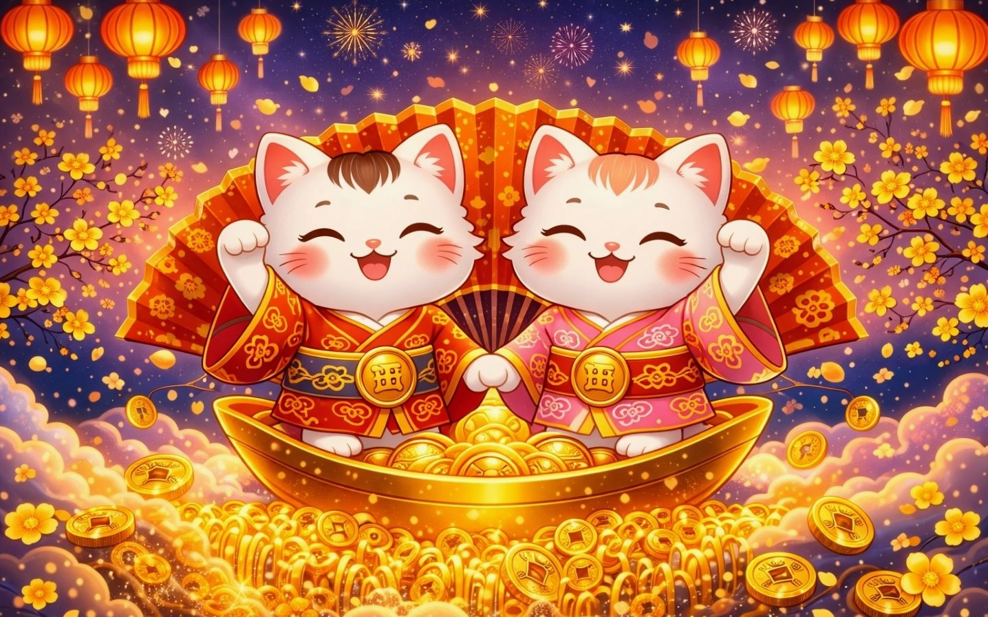 Hình nền mèo dễ thương cặp linh vật vẫy tay tượng trưng tài lộc nhân đôi
