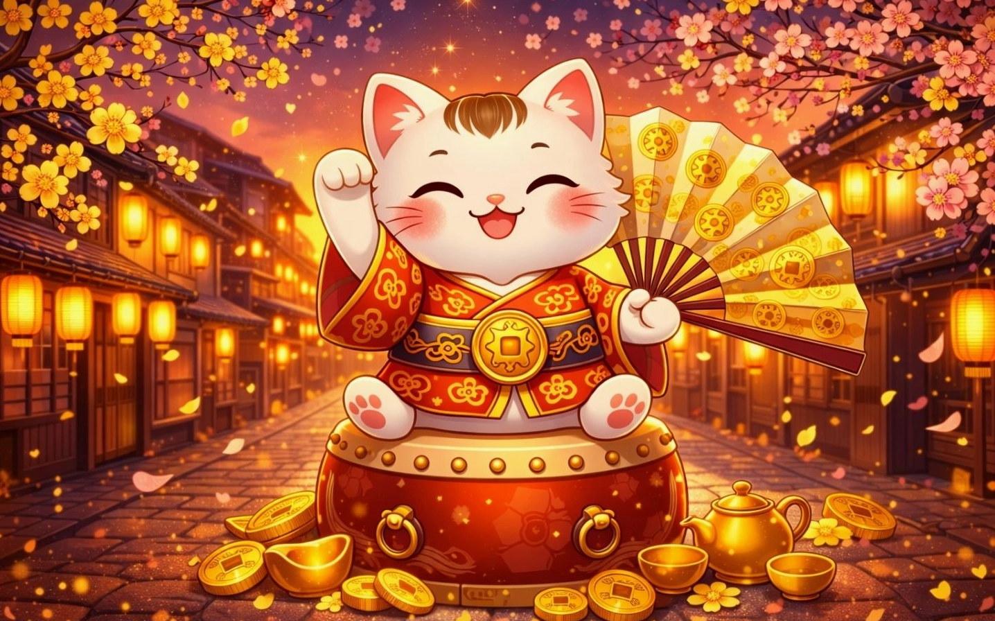 Hình nền mèo thần tài dáng vẫy tay rộn ràng mang không khí lễ hội chất lượng cao