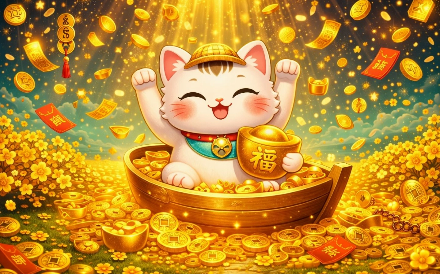 Hình nền mèo trong không gian vàng rực lan tỏa năng lượng tích cực