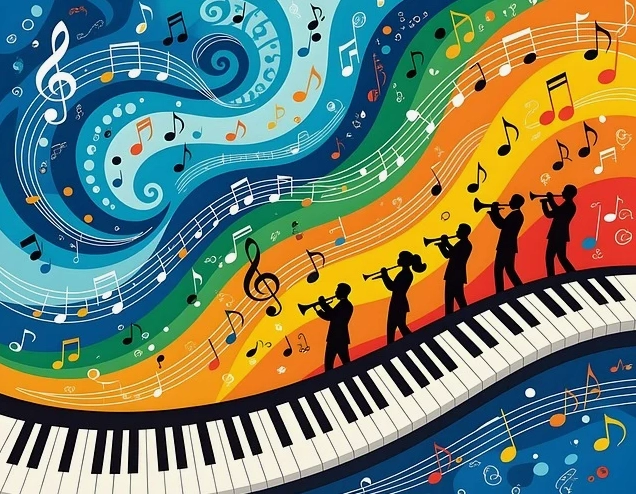 Hình nền nghệ thuật kết hợp âm nhạc và đàn piano sắc nét