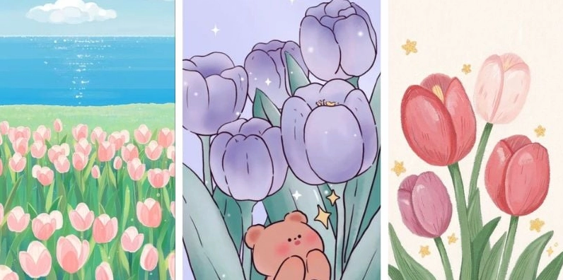 Hình vẽ hoa tulip cute dễ thương phong cách hoạt hình sắc nét dùng làm hình nền điện thoại