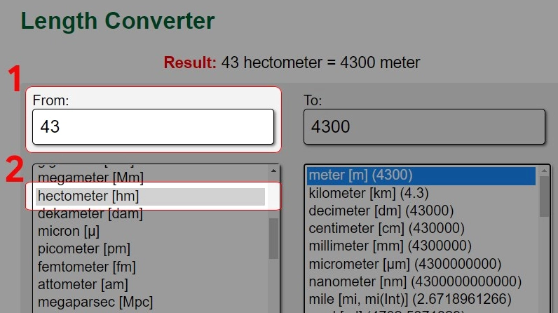 Hướng dẫn nhập số lượng vào ô trống From và nhấn chọn đơn vị hectometer hm trên công cụ