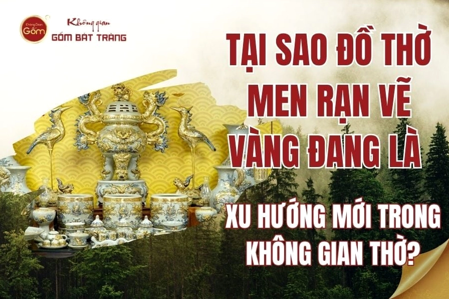 Không gian thờ cúng trang nghiêm với các vật phẩm gốm sứ