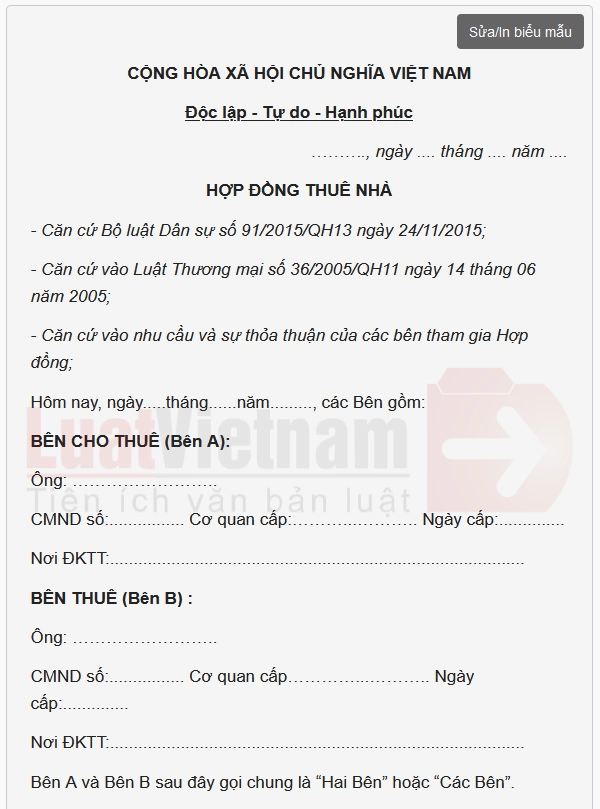Mẫu hợp đồng thuê nhà mới nhất cập nhật đầy đủ thông tin các bên