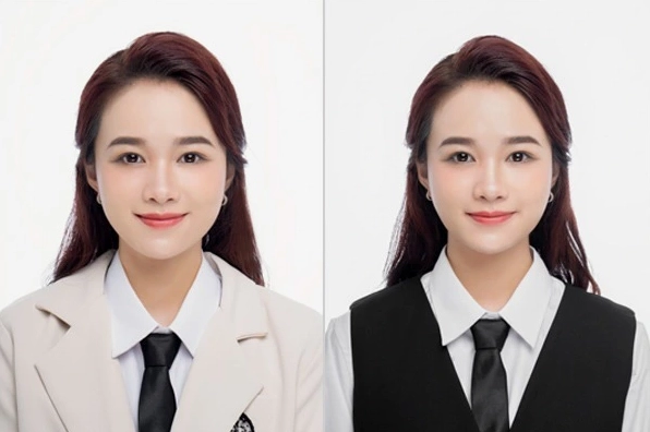 Mẫu nền trắng ảnh thẻ chất lượng cao cho bạn nữ mặc áo vest chuyên nghiệp