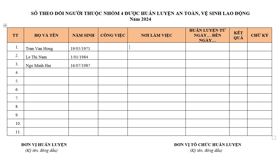 Mẫu sổ theo dõi công tác huấn luyện an toàn cho đối tượng nhóm 4