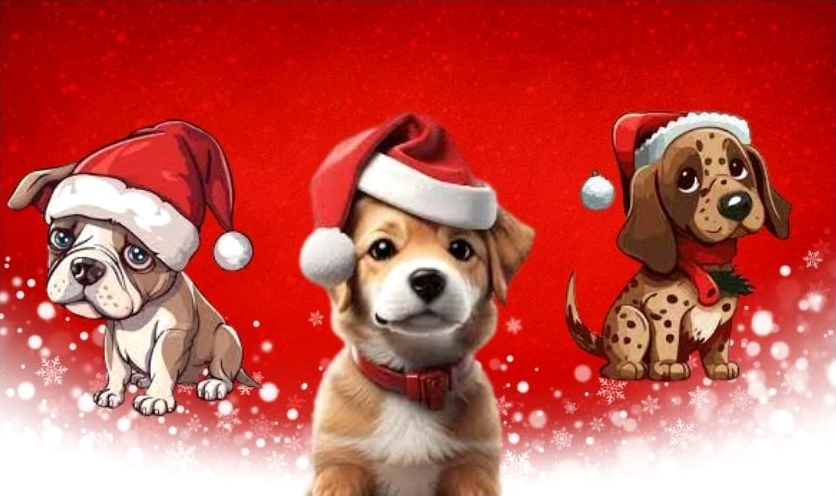 meme noel hình chó thú vị chui trong hộp quà