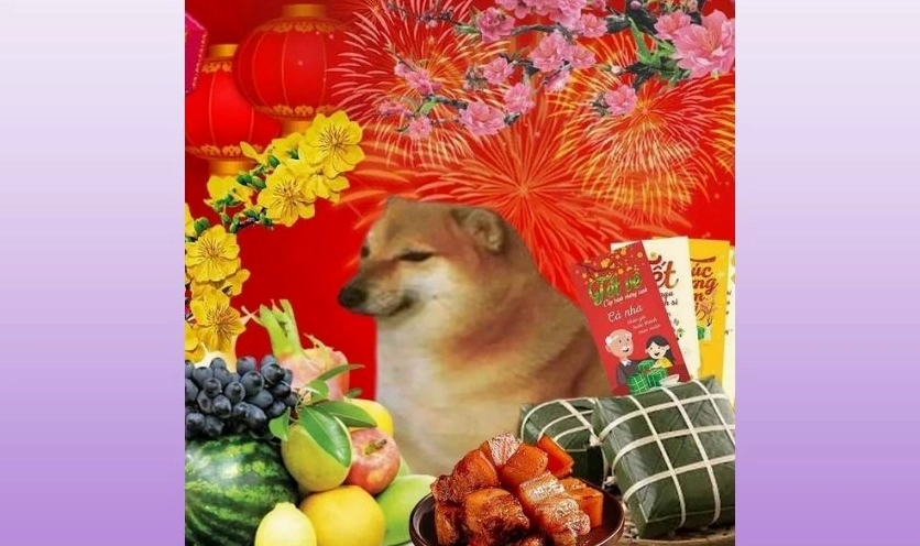 Meme Tết hình con chó dễ thương đáng yêu đeo kính đen