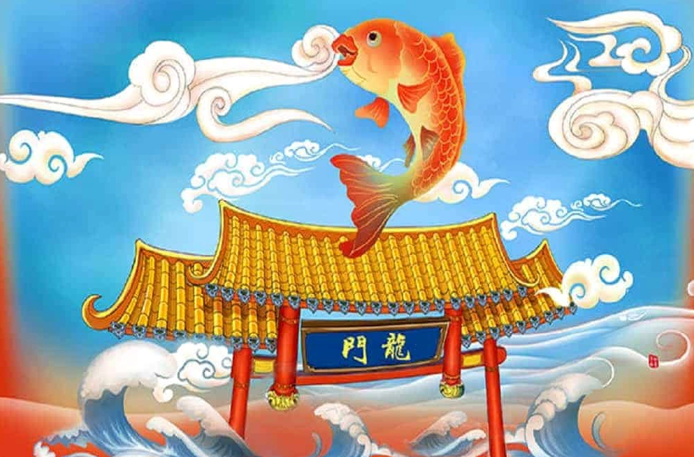 Minh họa sự tích cá chép hóa rồng qua ba đợt sóng