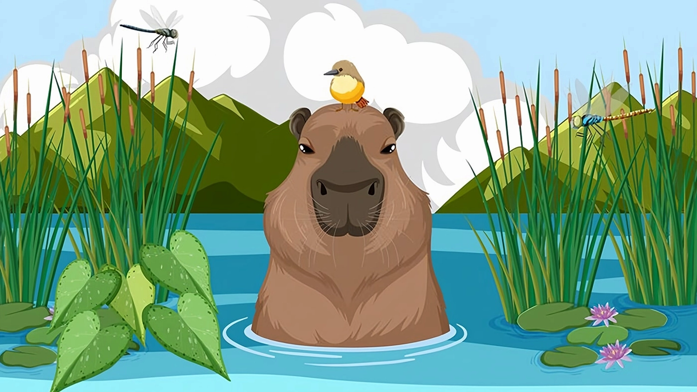 Một chú capybara đang ngâm mình trong nước chim nhỏ đậu trên đầu
