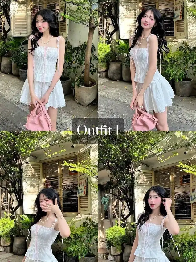 Mỹ nữ diện set đồ corset và váy ngắn xòe trắng tạo dáng ngọt ngào