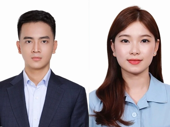 Nền chụp ảnh thẻ màu trắng sắc nét cho sinh viên với áo màu xanh lam