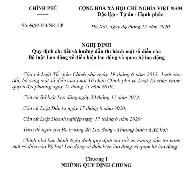 Nghị định 145/2020/NĐ-CP Hướng dẫn BLLĐ 2019 về điều kiện lao động