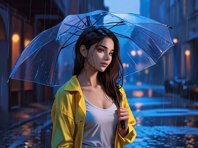 Người phụ nữ cầm chiếc ô nhỏ đứng lặng lẽ dưới cơn mưa rào