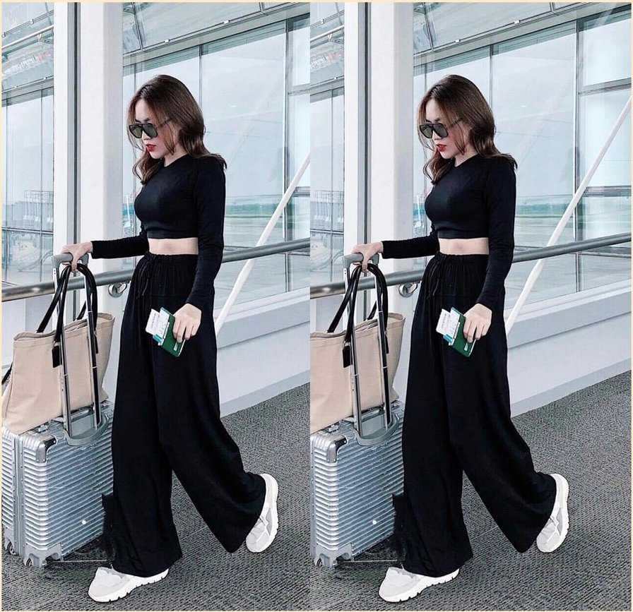 Set đồ hoàn hảo với áo croptop tay dài và chiếc quần ống rộng sành điệu