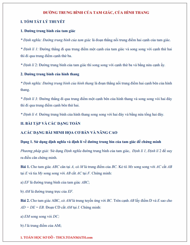 Sơ đồ tư duy về đường trung bình của tam giác