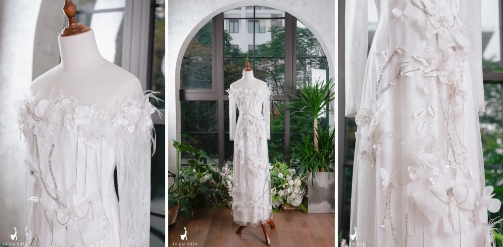 Thiếu nữ chụp ảnh áo dài tết ren trắng đính kết 3D sang trọng lộng lẫy khoe nét kiêu sa