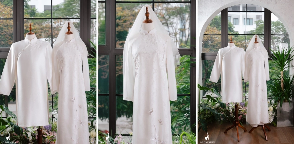 Thiếu nữ chụp ảnh áo dài tết voan ren trắng tựa như một tác phẩm nghệ thuật giao thoa tuyệt đẹp