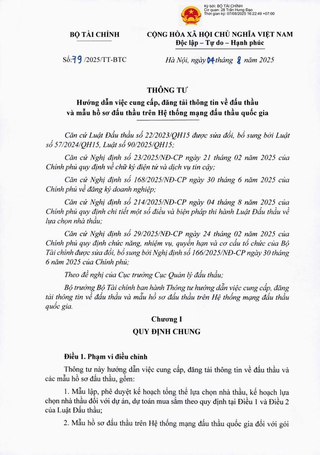 Thông tư số 79/2025/TT-BTC hướng dẫn cung cấp đăng tải thông tin về đấu thầu trên Hệ thống mạng đấu thầu quốc gia Ảnh 1