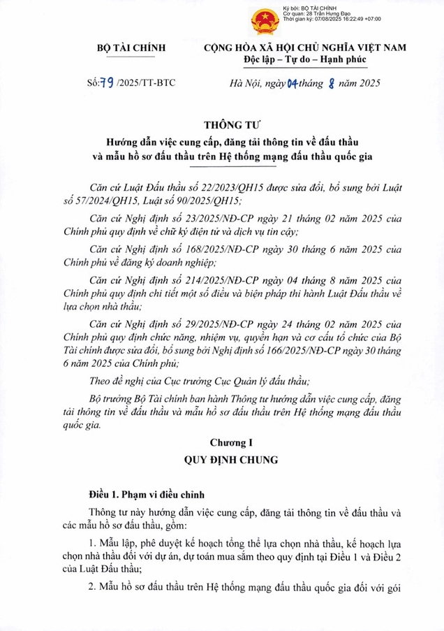 Thông tư số 79/2025/TT-BTC hướng dẫn cung cấp đăng tải thông tin về đấu thầu