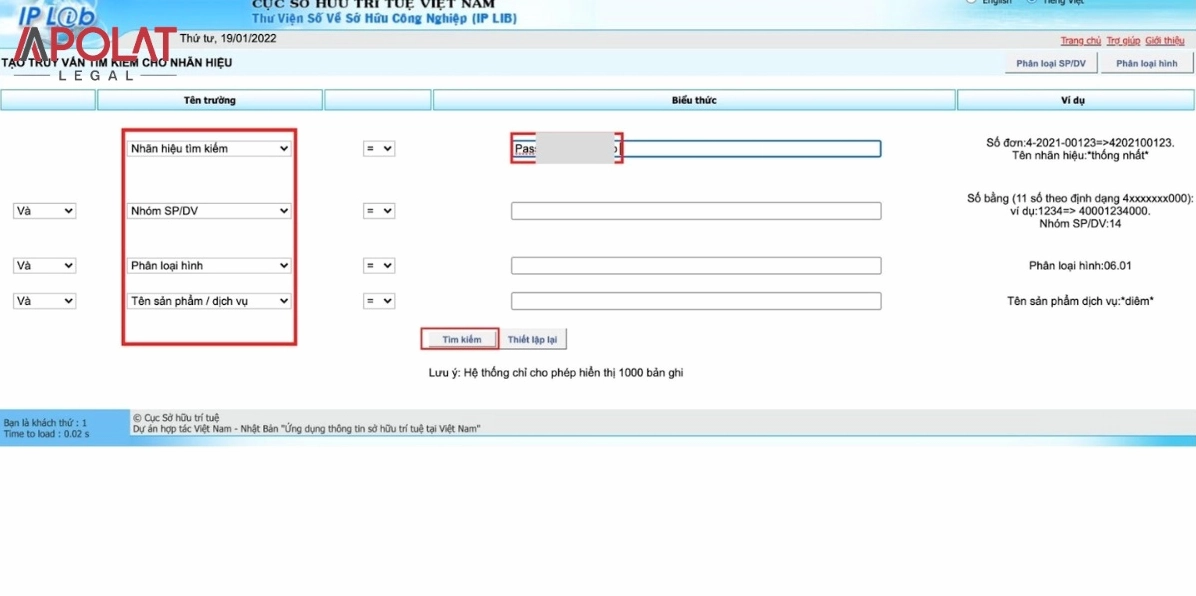 Tick theo ô hướng dẫn để tra cứu thương hiệu