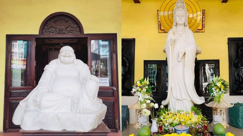 Tôn tượng Đức Phật Di Lặc và Bồ tát Quán Thế Âm được bài trí vô cùng trang nghiêm