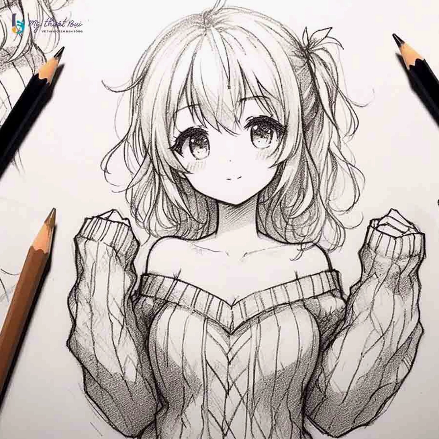 Tranh vẽ anime nữ đẹp lung linh với đôi mắt to tròn quyến rũ