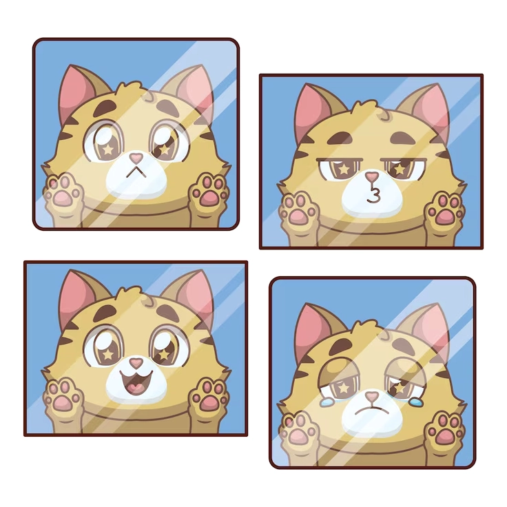 Vector mèo mướp cam sau màn hình kính với nhiều biểu cảm khác nhau