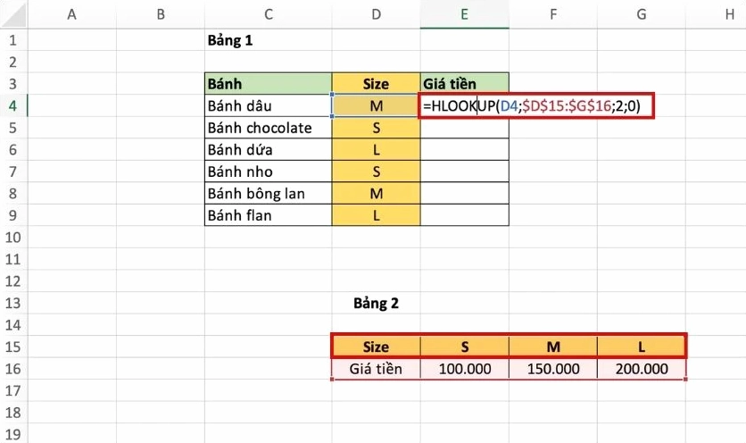 ví dụ hàm hlookup trong excel