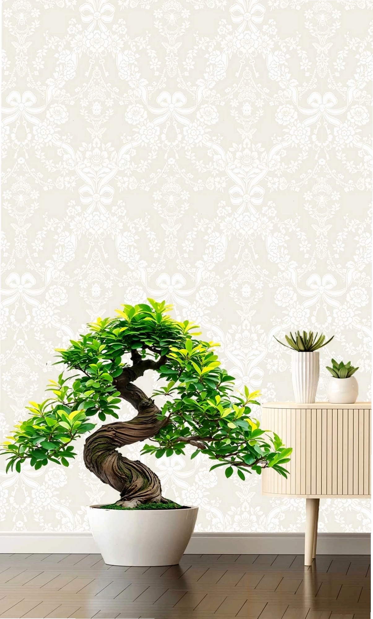 Taupe Damask Floral Bow Wallpaper R10063